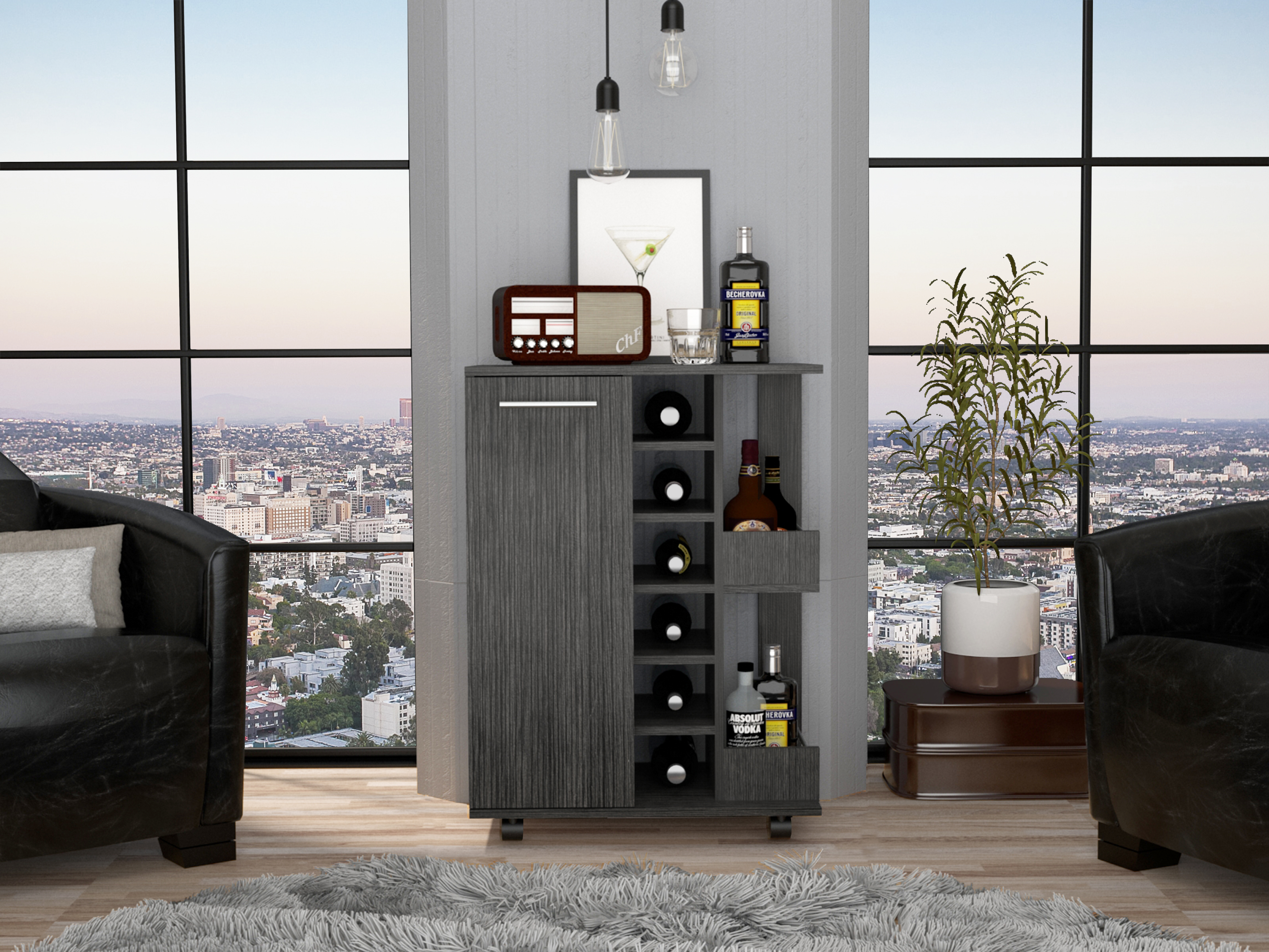 Bar Cart, Two External Shelves, Four Casters, Six Built-in Wine Rack, Single Door Cabinet -Smokey Oak